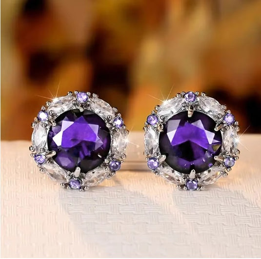 Luxury Premium Quality AD Collection Cubic Zircon Stud Earrings - Red, Green, Blue, Purple, Mint Pink