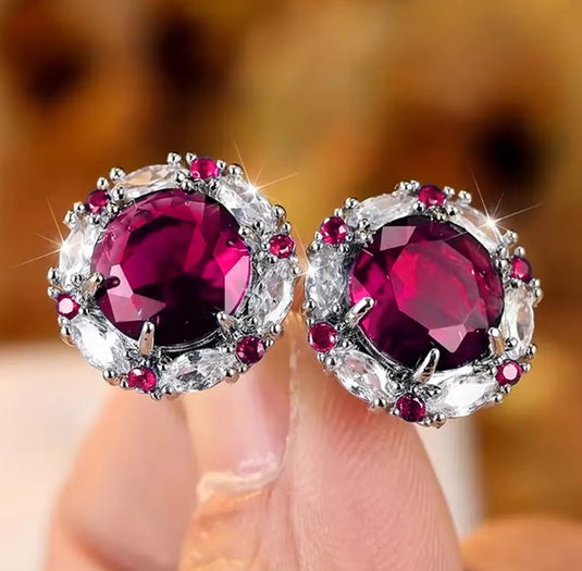 Luxury Premium Quality AD Collection Cubic Zircon Stud Earrings - Red, Green, Blue, Purple, Mint Pink