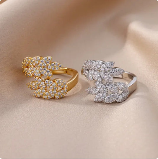 Gold Plated Stainless Steel Eternity Promise Leaf Zircon Stud Adjustable Finger Ring