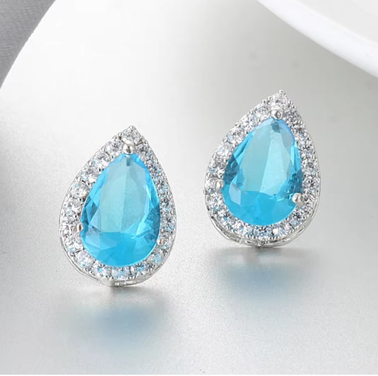 Luxury Premium Quality AD Collection Cubic Zircon Stud Earrings - Red, Yellow, Green, Light Blue, Blue