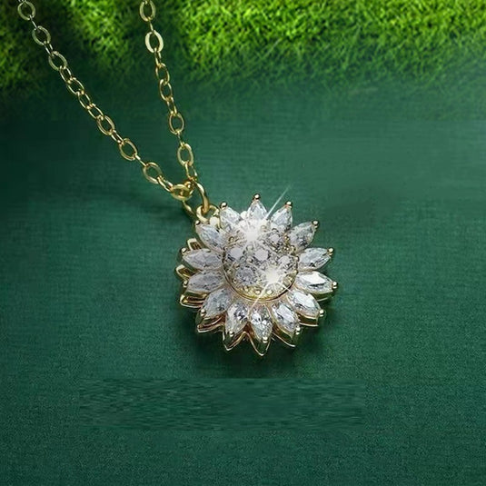 Rotatable Sunflower Necklace in Stainless Steel and Cubic Zircon