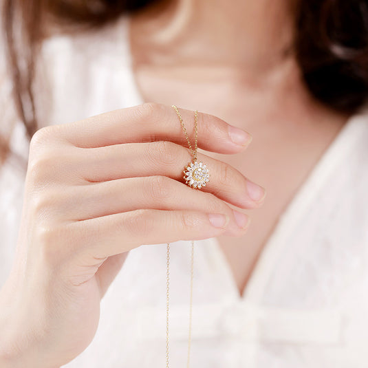 Rotatable Sunflower Necklace in Stainless Steel and Cubic Zircon