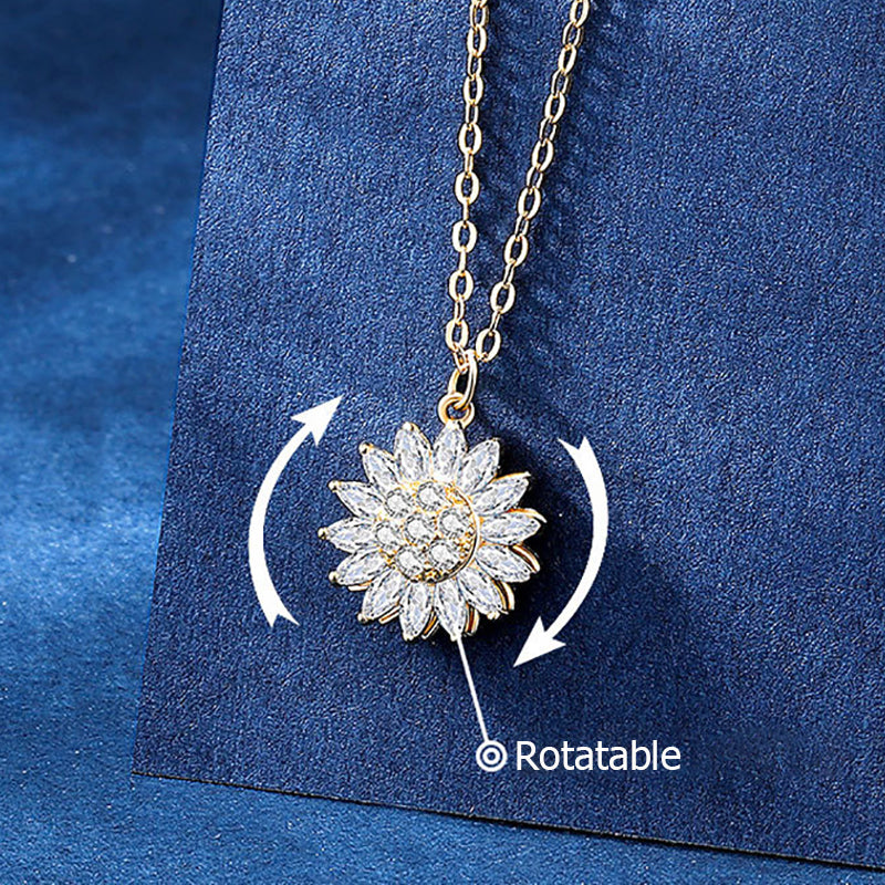 Rotatable Sunflower Necklace in Stainless Steel and Cubic Zircon