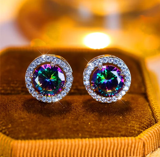 Luxury Premium Quality AD Collection Cubic Zircon Stud Earrings - Black, Red, Olive Green, Yellow, Purple, Light Blue, Green, Orange, Pink