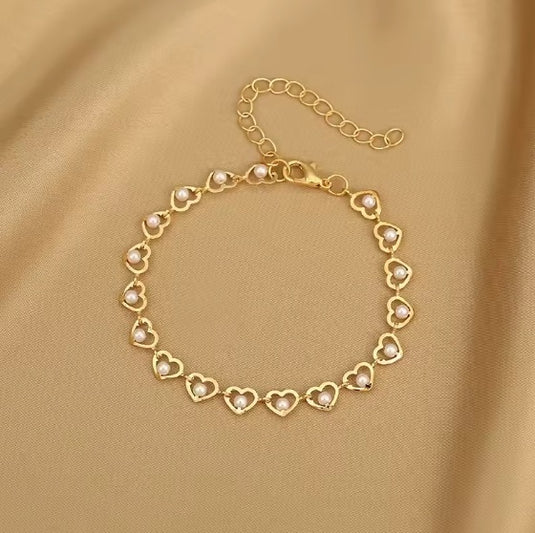 Pearl Studded Heart Design Stainless Steel Bracelet