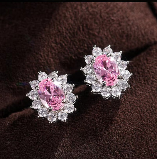 Luxury Premium Quality AD Collection Cubic Zircon Stud Earrings - Black, Blue, Green, Pink, Red, Purple