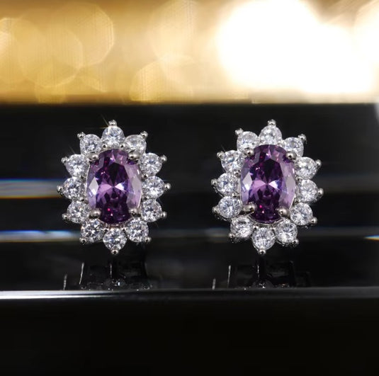 Luxury Premium Quality AD Collection Cubic Zircon Stud Earrings - Black, Blue, Green, Pink, Red, Purple