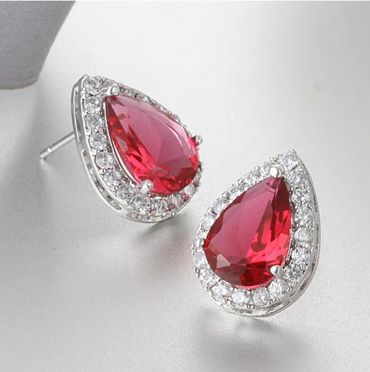 Luxury Premium Quality AD Collection Cubic Zircon Stud Earrings - Red, Yellow, Green, Light Blue, Blue