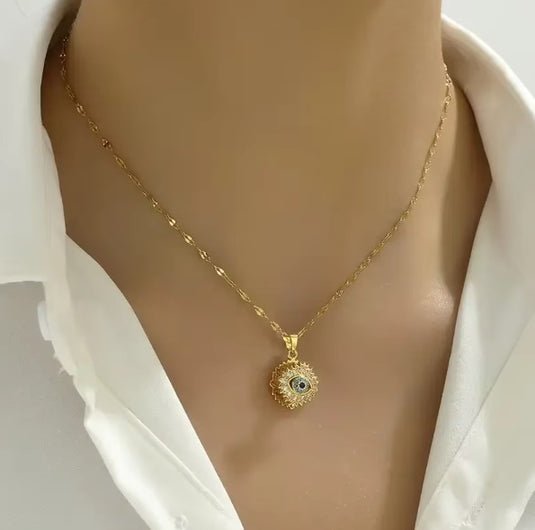 Rotatable Evil Eye Pendant and Chain in Stainless Steel