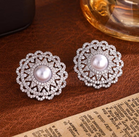 Premium AAA Grade Cubic Zircon/American Diamond Pearl Stud Earrings