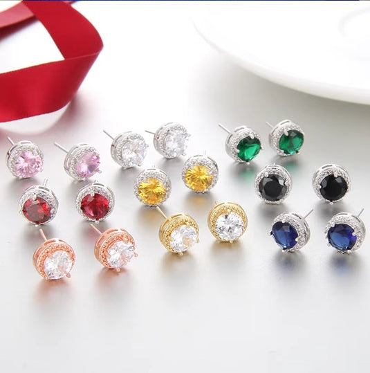 Luxury Premium Quality AD Collection Cubic Zircon Stud Earrings - Black, Red, Olive Green, Yellow, Purple, Light Blue, Green, Orange, Pink