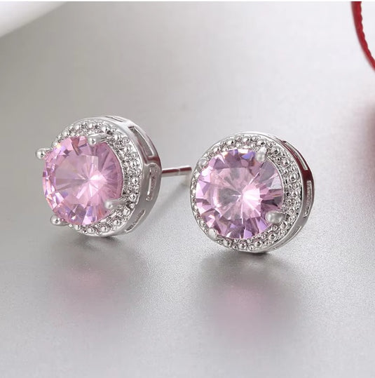 Luxury Premium Quality AD Collection Cubic Zircon Stud Earrings - Black, Red, Olive Green, Yellow, Purple, Light Blue, Green, Orange, Pink