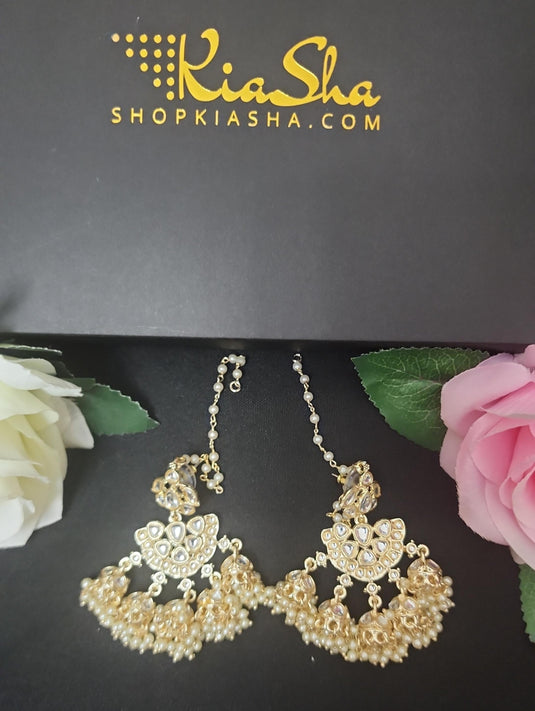 Meenakari Ethnic Kundan Jhumka Earrings with Hair Chains/Ear Chains