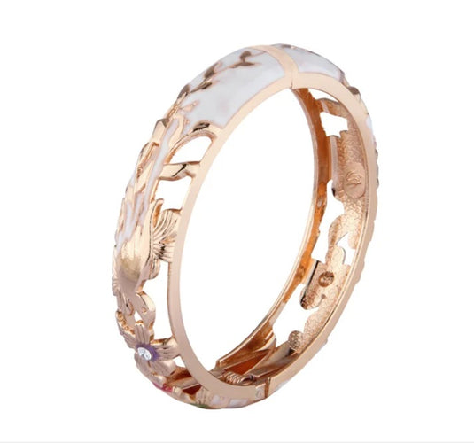Hollow Wide Cut Work Enamel Cuff Bangles in Shades of White