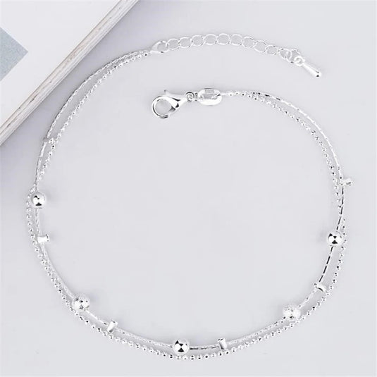 925 Silver Double Layered Round Beaded Anklet