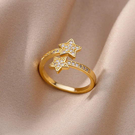 Double Star Design Gold Plated Stainless Steel Zircon Stud Adjustable Finger Ring