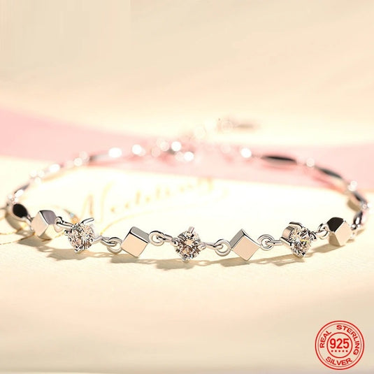 925 Silver Crystal Studded Adjustable Square Design Bracelet