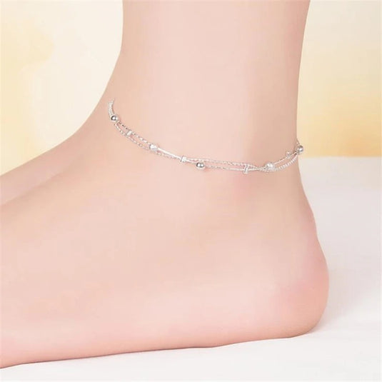 925 Silver Double Layered Round Beaded Anklet