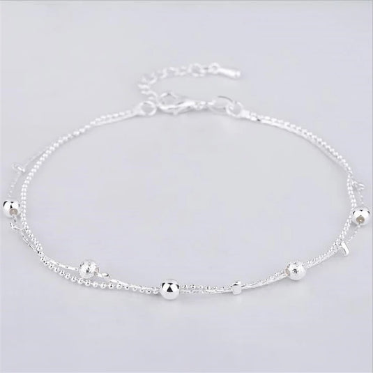 925 Silver Double Layered Round Beaded Anklet