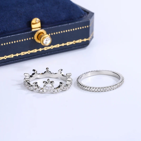 925 Silver Luxury 2 Piece Crown Design Zircon Finger Ring, Size 7