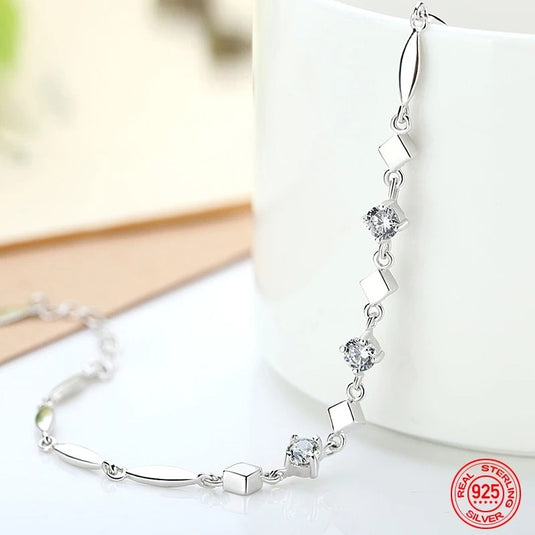 925 Silver Crystal Studded Adjustable Square Design Bracelet