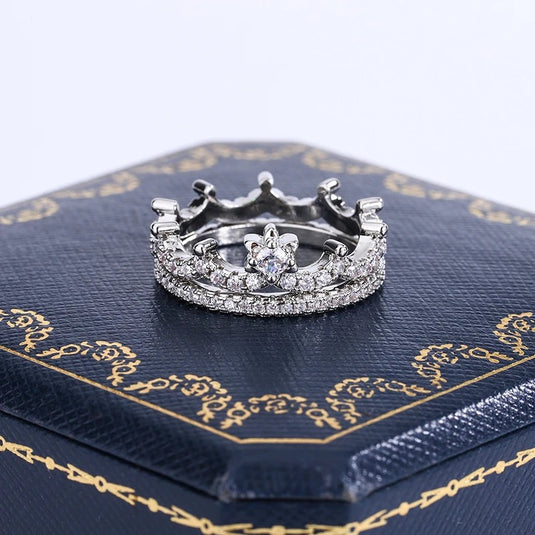 925 Silver Luxury 2 Piece Crown Design Zircon Finger Ring, Size 7
