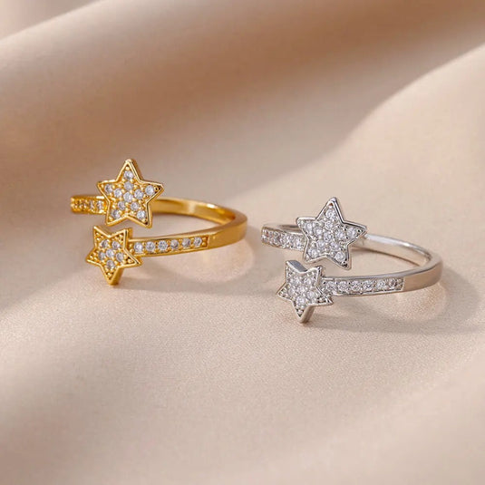 Double Star Design Silver Plated Stainless Steel Zircon Stud Adjustable Finger Ring