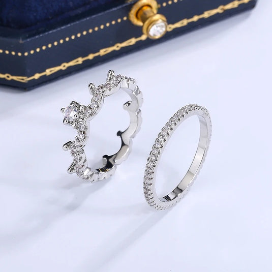 925 Silver Luxury 2 Piece Crown Design Zircon Finger Ring, Size 7