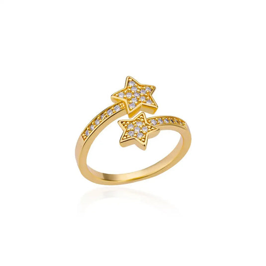 Double Star Design Gold Plated Stainless Steel Zircon Stud Adjustable Finger Ring