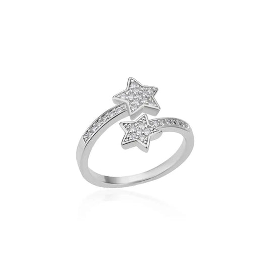 Double Star Design Silver Plated Stainless Steel Zircon Stud Adjustable Finger Ring