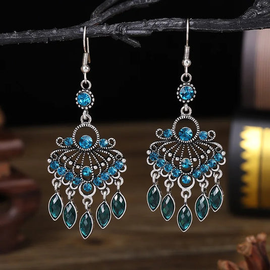 Classic Indo Western drop earrings with an ethnic look in Shades of Turquoise