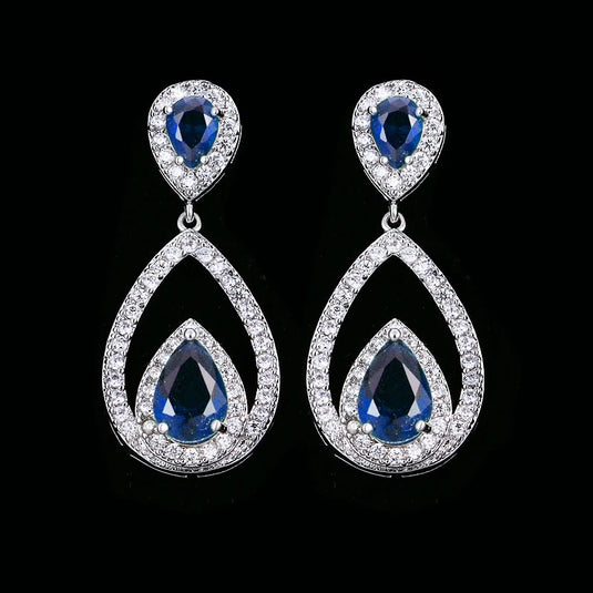Luxury Premium Quality AD Collection Cubic Zircon Earrings -  Royal Blue Drop Earrings