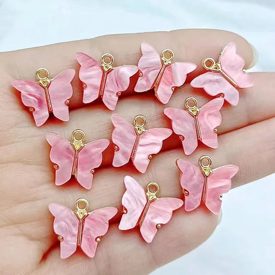 Pink Butterfly Charm Pendants with Stainless Steel Chains