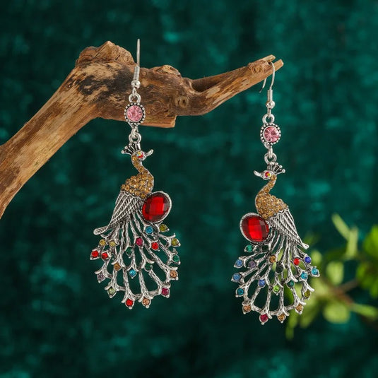 Classic Indo Western drop Peacock Style earrings with an ethnic look in Shades of Red