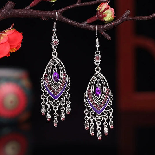 Classic Indo Western drop earrings with an ethnic look in Shades of Violet & Purple
