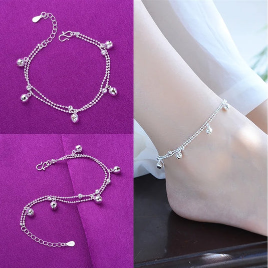 925 Silver Double Layered Beaded Charms Anklet