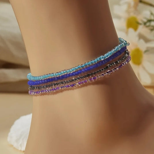 Set of 4 pieces multicolor stretch beaded anklets