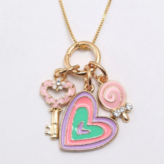 Crystal studded Heart Pendant with delicate Key & Ice Cream Multiple Charm Pendant