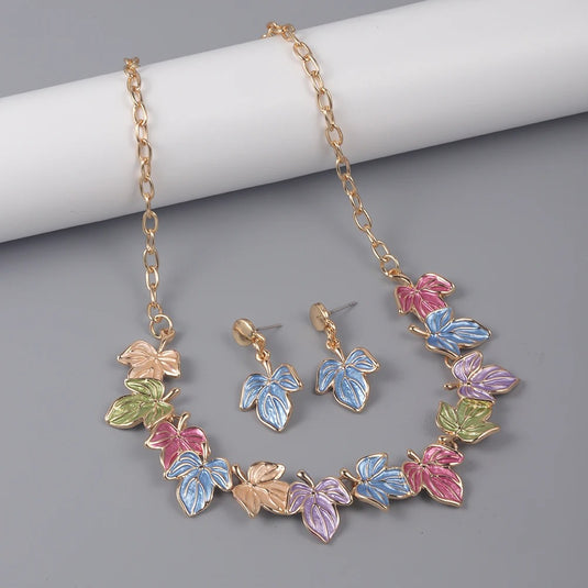 Gold Plated, Stainless Steel, Enamel Coated Multicolor Stylish Set in a Leaf Design