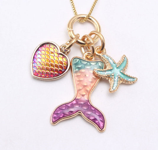 Cute Mermaid Tail with charms of a Heart and Starfish Multiple Charm Pendant