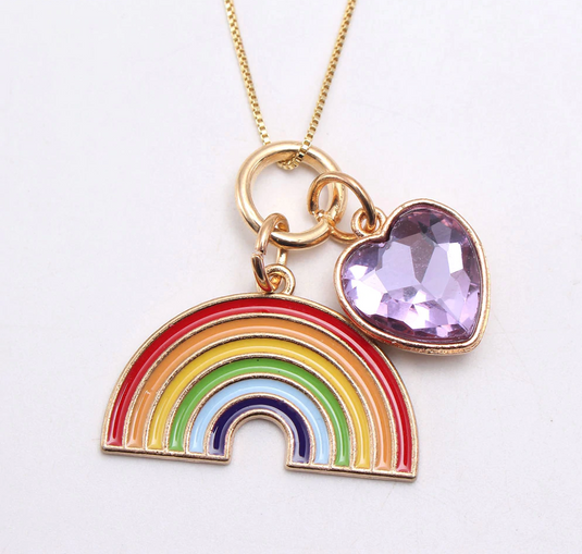 Bright Rainbow with a Purple Heart Multiple Charm Pendant