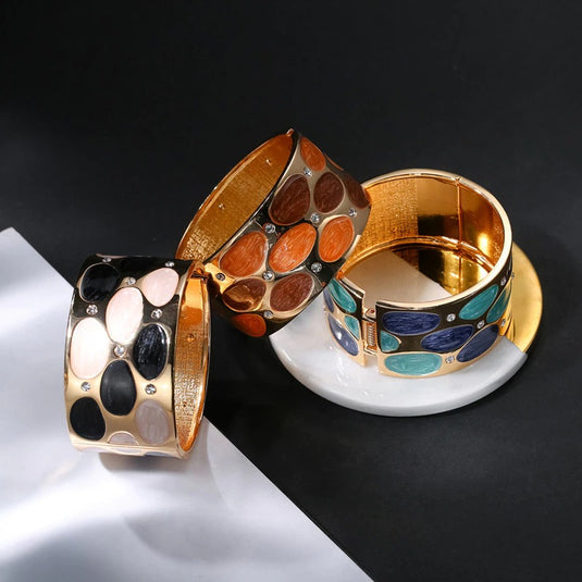 Gold Plated Drop Oil Broad Cuff Bangles in shades of Brown
