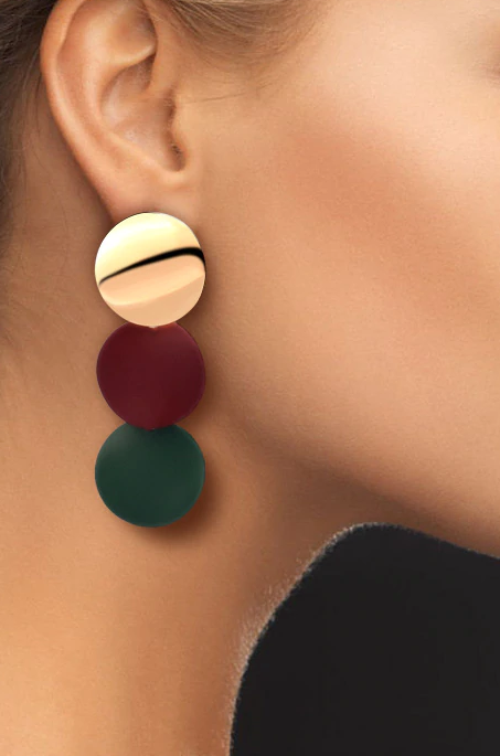 Korean Style Metallic Danglers in a combination of Wine Red, Green and Gold