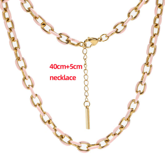 18K Gold Karat Plated Enamel Drip Oil Stainless Steel Cuban Chain Necklace for Men & Women Pink & Gold