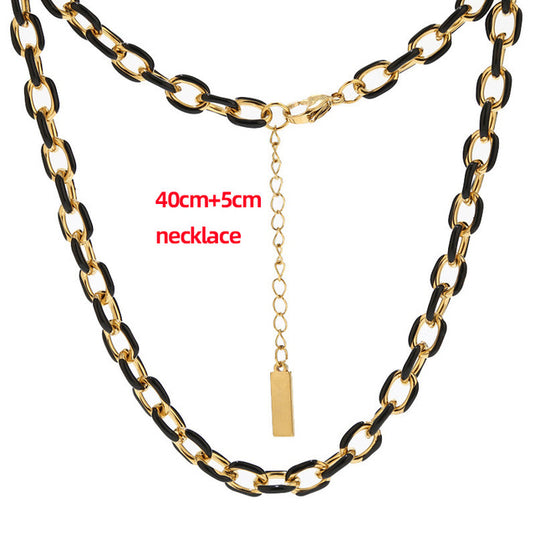 18K Gold Karat Plated Enamel Drip Oil Stainless Steel Black Color Cuban Chain Necklace for Men & Women