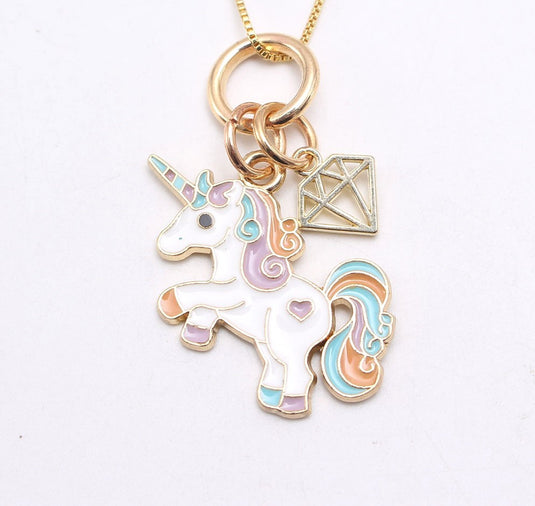 Colorful Unicorn Pendant with a diamond shaped Charm signifying a abundance