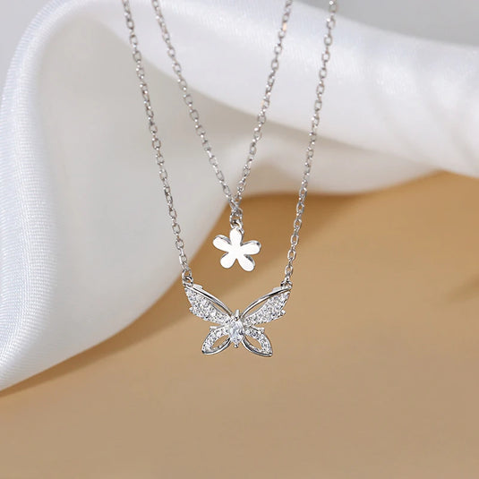 925 Silver Double Layer Butterfly & Flower Charms Necklace