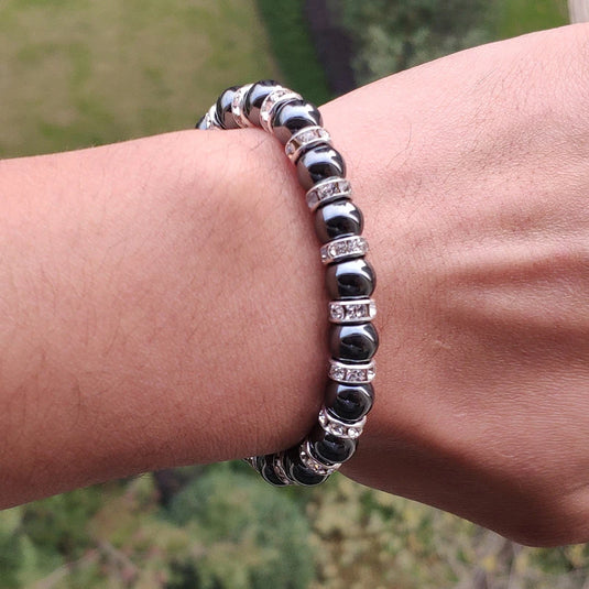 Hematite Beads with Rhinestones Stretch Bracelet for Men in Metallic Gray