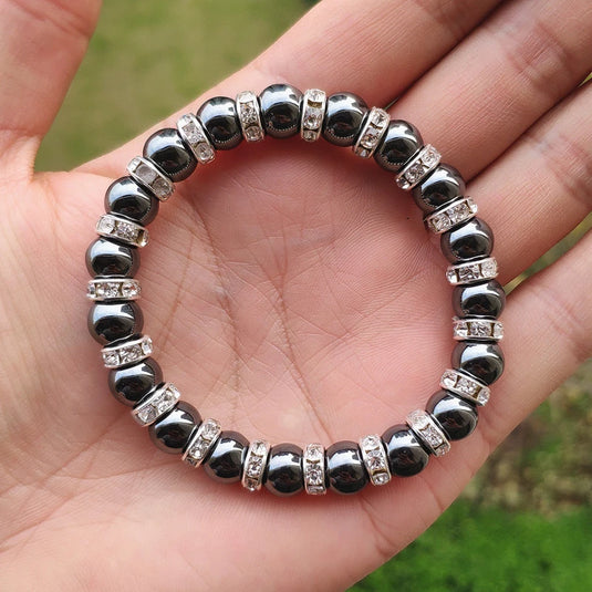 Hematite Beads with Rhinestones Stretch Bracelet for Men in Metallic Gray