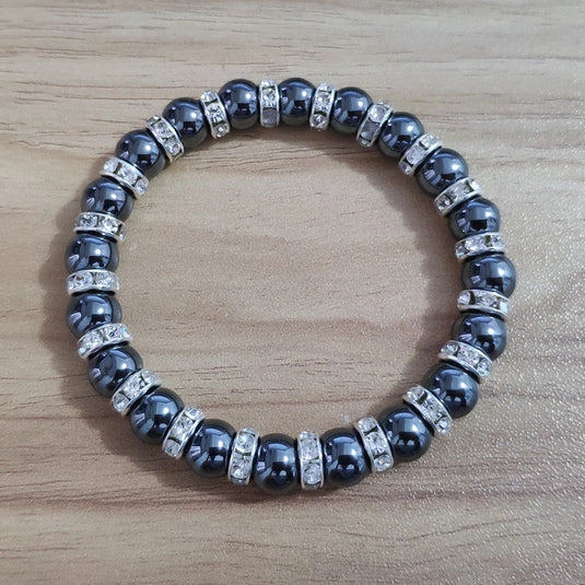 Hematite Beads with Rhinestones Stretch Bracelet for Men in Metallic Gray